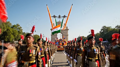 Indian military parade with soldiers marching.