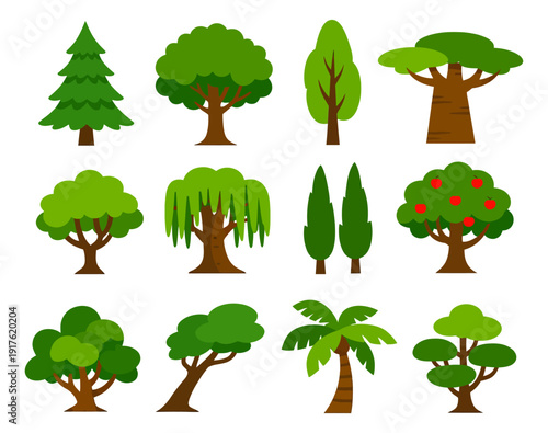 Flat cartoon tree set featuring various forest, garden, and park trees for nature and landscape design