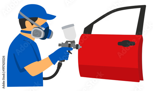 Flat design illustration of a car painter depicting spray painting a car door for auto body repair service