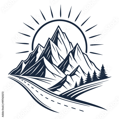 logo sharp mountain peaks with a rising sun behind, clean line art professional colorfull,logo in circle