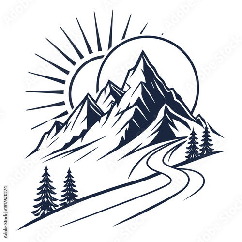 logo sharp mountain peaks with a rising sun behind, clean line art professional colorfull,logo in circle