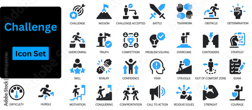 Challenge solid icon set contains strategy, performance, target, development, work, success, difficulty. Solid icons set. 