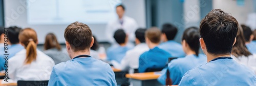 Medical students in blue scrubs attending a clinical lecture in a classroom, rear view of healthcare trainees learning medicine