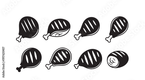 Chicken Leg Icons Set: Grilled, Fried, Raw Food Vector Graphics