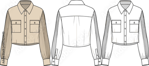Fashion technical sketch of women long sleeve cropped shirt featuring utility pockets button closure front and back view vector template.