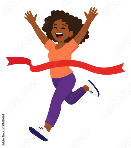 Modern character illustration of a young african american woman depicting celebrating victory at a finish line for success and achievement