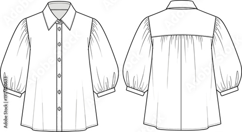 Fashion technical sketch of women puff half sleeve shirt featuring button down closure pointed collar front and back view template.