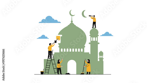 Community Cleaning at Mosque with Peaceful Atmosphere