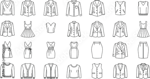Large collection of professional office wear fashion icons featuring women blazers formal dresses skirts waistcoats and business attire vector templates.