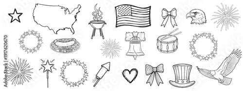 Black and white hand-drawn patriotic icons with USA flag, map, eagle, and fireworks for American holidays celebration concept and national pride