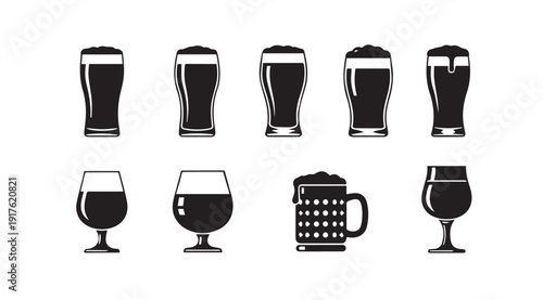 Collection of Beer Glasses and Mugs Icons Black and White Vector Illustration