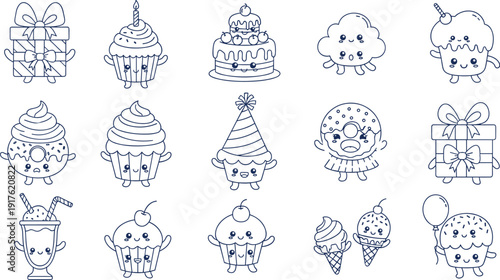 Set of cute kawaii dessert characters featuring happy cupcakes donuts ice cream cakes and gift boxes for birthday party celebration.