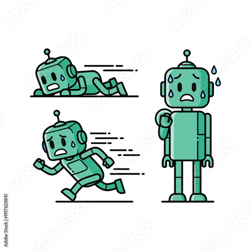 Stressed robot experiencing anxiety and panic in different situations with copy space