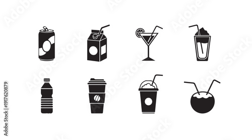 Collection of beverage icons - soda, juice box, cocktail, smoothie, water, coffee, iced drink, coconut