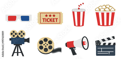 Flat design cinema elements set featuring various movie icons for film and entertainment projects
