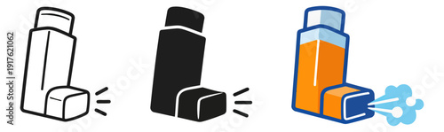 Graphic medical icon set featuring outline, solid, and color illustrations of an asthma inhaler for healthcare materials