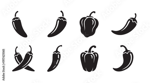 Collection of Chili Pepper and Bell Pepper Icons, Vector Silhouette