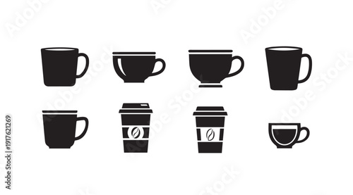 Collection of Coffee Cups and Takeaway Cups Icons, Vector Graphics