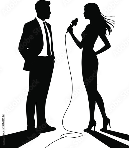 Black silhouette of female journalist interviewing businessman with microphone on white background, professional news reporting and media flat vector illustration