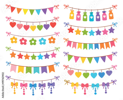 Colorful decorative bunting garlands set featuring various flags, hearts, stars, flowers, and bottles for festive occasions