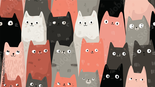 Cute cat pattern creating seamless animal background texture. Many cute cats with different expressions forming a seamless animal pattern