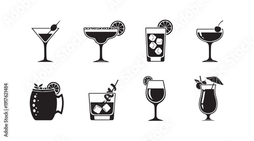 Collection of Diverse Cocktail Icons with Garnishes and Ice