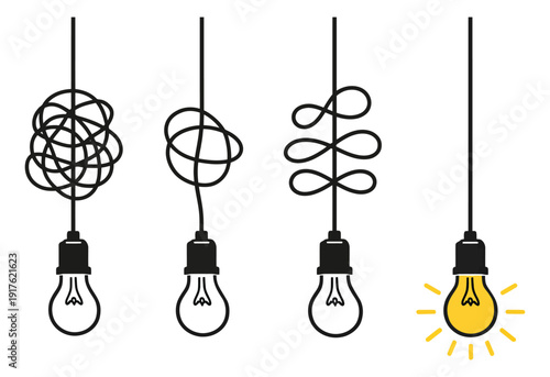 Line art light bulb set featuring a complexity to simplicity process culminating in an idea for problem-solving concepts