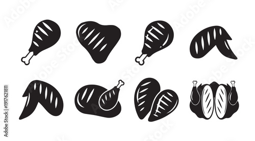 Collection of Grilled Chicken Icons: Legs, Wings, Whole Birds, and Slices