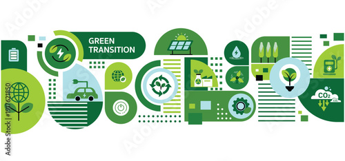 Green transition to environmental friendly world concept. Alternative clean and power production transition to renewable energy for reduce carbon emission,green house gas. Vector background with icons