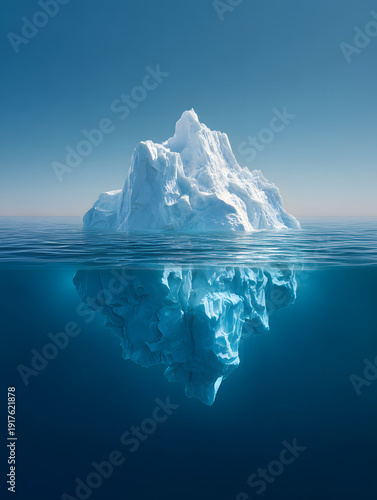 Iceberg above and below waterline in calm blue ocean