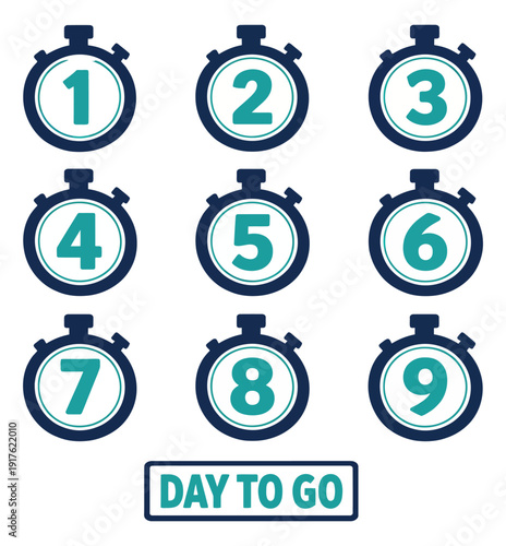 Graphic stopwatch timer set featuring numbers one to nine and a day to go banner for event promotion and deadline concepts