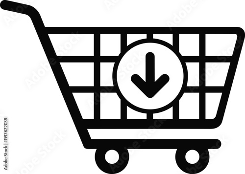 Black and white shopping cart icon with downward arrow inside circle, simple e-commerce symbol representing online shopping, add to cart, retail, and digital marketplace design.