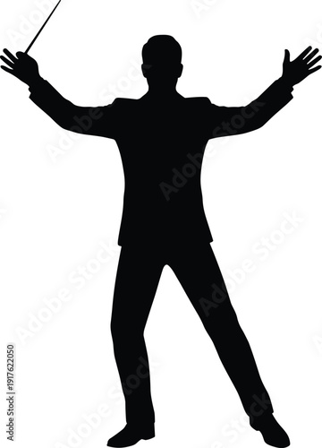 Professional music conductor silhouette leading orchestra with baton, classical symphony performance, artistic director, musician on stage, concert event, flat vector illustration, music.