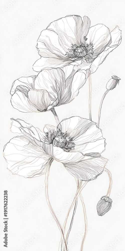Fototapeta premium Delicate grayscale pencil illustration of three poppy flowers with stems and buds on a white background
