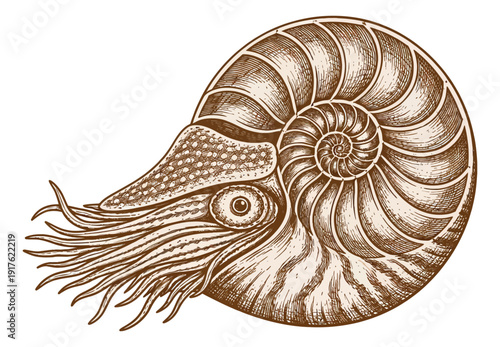 Hand drawn vintage line art illustration of a nautilus depicting its intricate spiral shell and tentacles for marine biology education