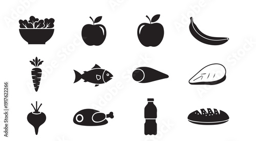 Collection of Various Food Icons in Silhouette Style