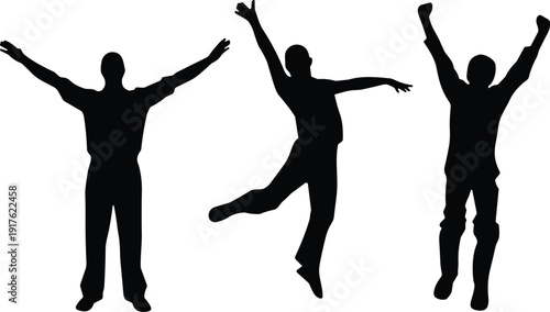 Set of black silhouettes and line art of happy young men jumping, celebrating success, and feeling free on white background, flat vector illustration