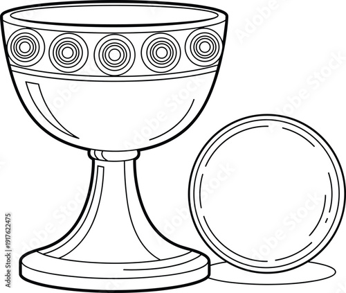 "Traditional chalice and wafer line drawing, symbolic Christian Eucharist artwork representing sacred communion ceremony with wine and bread in detailed religious illustration"