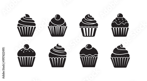 Cupcakes Collection Silhouette Vector, Dessert Icons, Food Symbols, Baking Illustrations