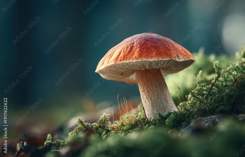 Fototapeta premium Red-capped mushroom with white stem growing on moss-covered ground in a forest setting, soft focus background with blurred greenery and natural light