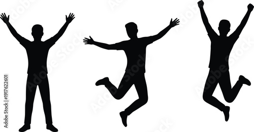 Set of black silhouettes of happy young men jumping and celebrating success isolated on white background flat vector illustration design