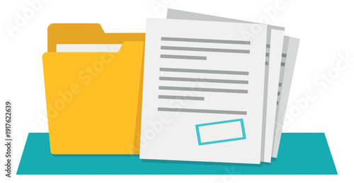 Flat style illustration of a document folder and papers depicting office administration for business processes