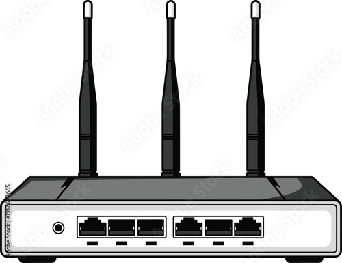 Black-and-white illustration of wireless router with three antennas and six Ethernet ports, networking hardware symbol for internet connectivity, Wi-Fi, technology, and digital communication design.