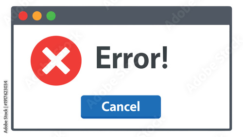 Flat design illustration of an error message box depicting a system problem with a cancel option for user interface and software development