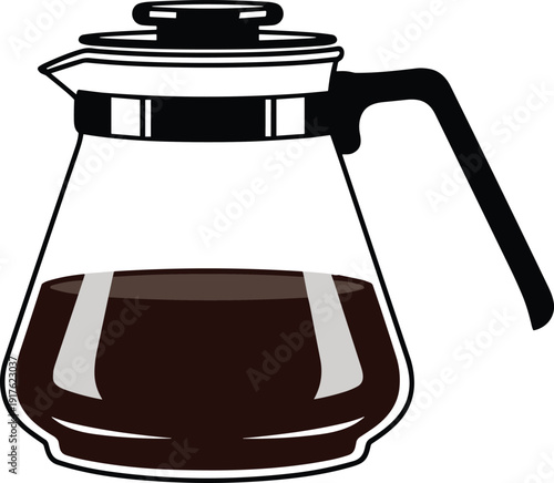 Transparent glass coffee carafe with black handle and lid, partially filled with brewed coffee, modern kitchen appliance symbol for beverage, café, barista, and culinary design.