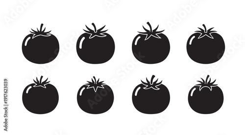 Eight Black Tomato Silhouettes Arranged in Two Rows on White Background