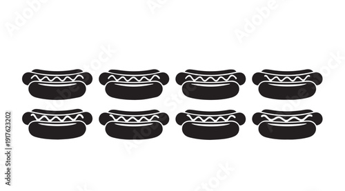 Eight Hot Dogs in Buns Pattern, Black and White, Simple Iconography, Stock Media