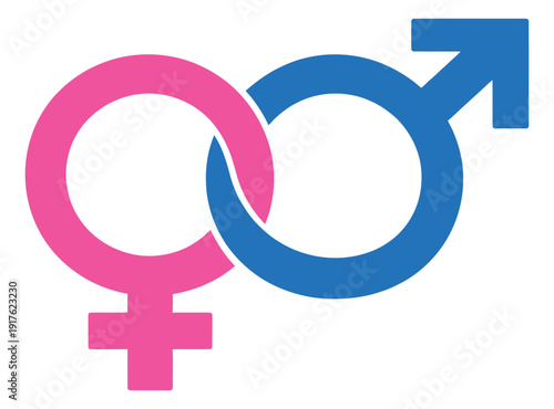 Graphic illustration of interlocked male and female gender symbols depicting connection and union for relationships concepts