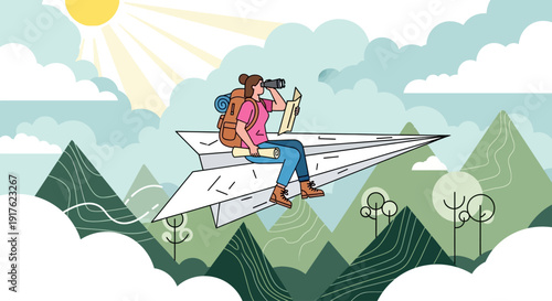 Couple exploring mountains while flying on a paper airplane with map and camera