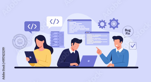 Team of developers collaborating on coding project with laptops and digital code icons surrounding them